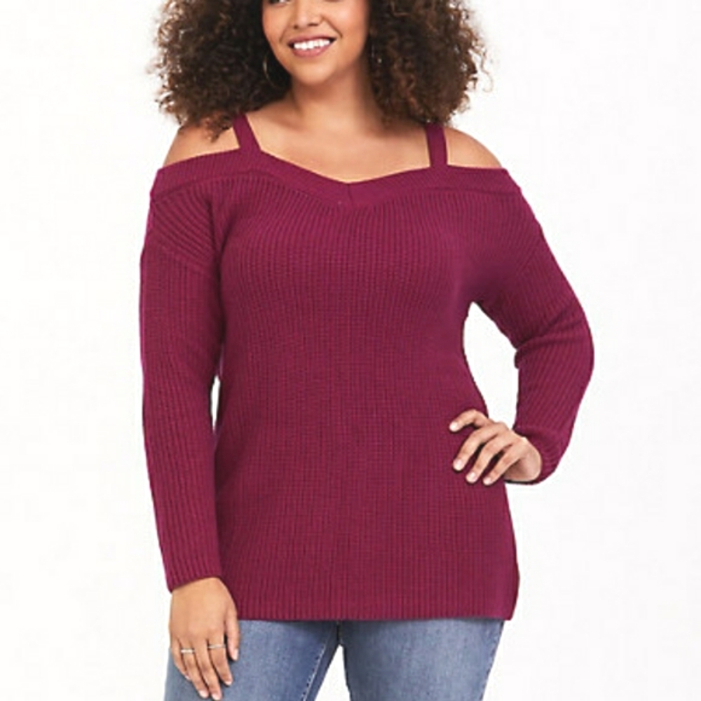 Torrid Sweater Ribbed Knit Cold Shoulder Burgundy Pullover Size 00 M/L 10 NWT